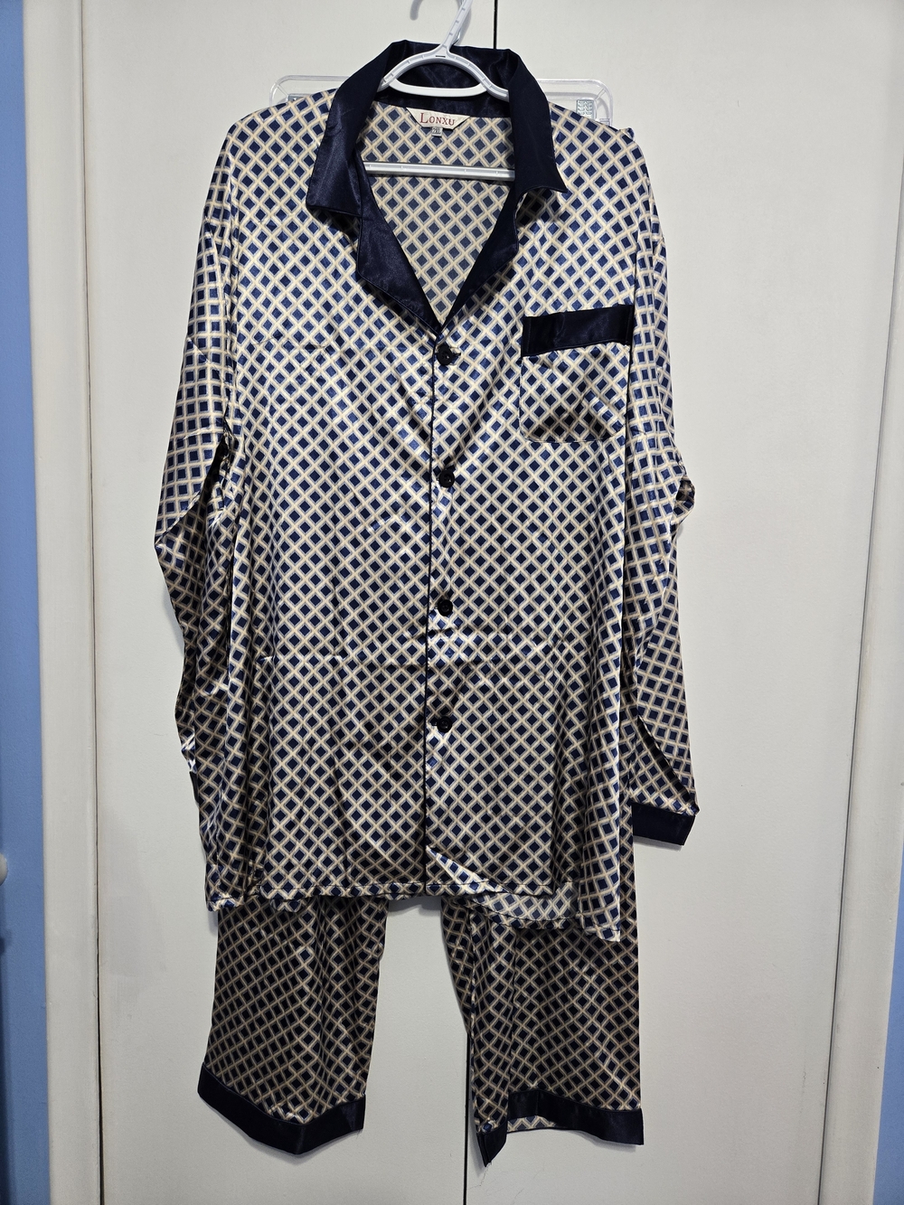 Lonxu Satin Pajama Set Women's 2XL Blue Geometric Button Front Lounge Sleepwear